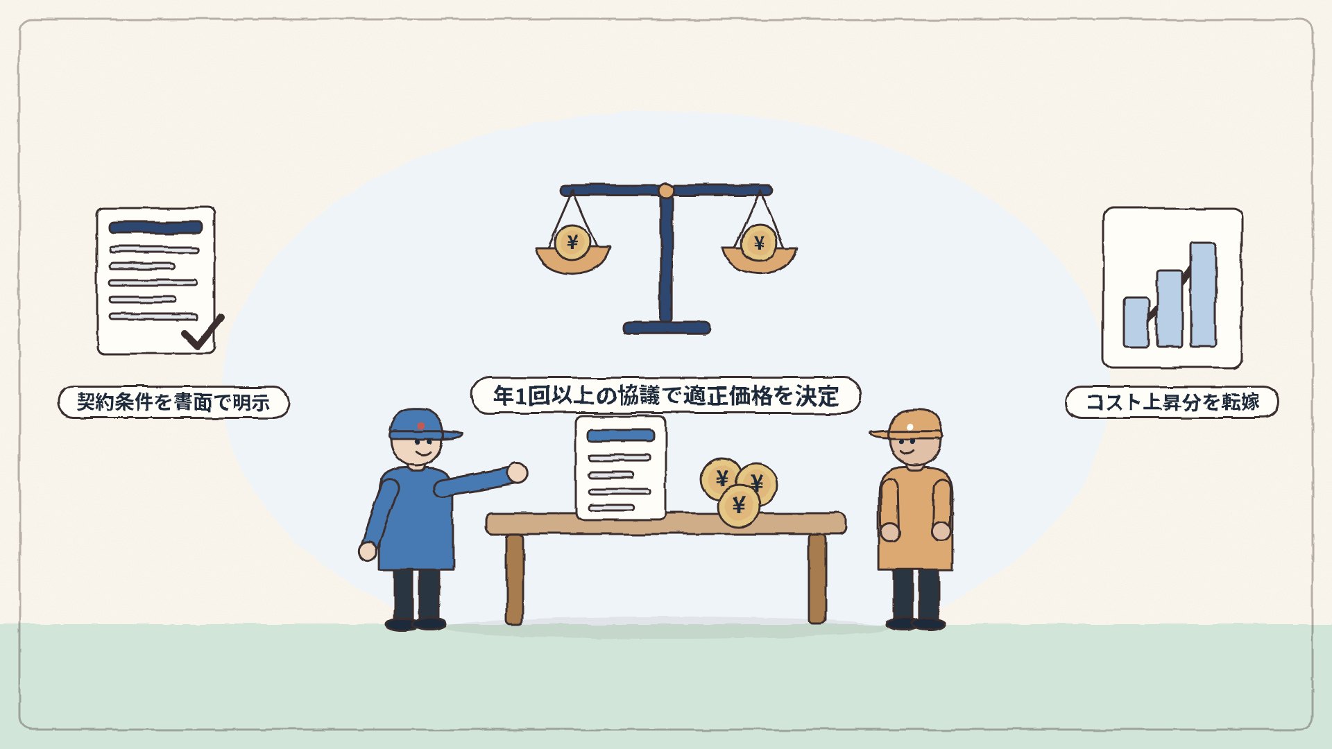 価格決定方法:年1回以上の協議で適正価格を決め、契約条件を書面で明示するイラスト