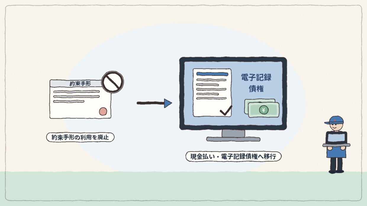 約束手形の廃止:現金払いや電子記録債権への移行を進めるイラスト